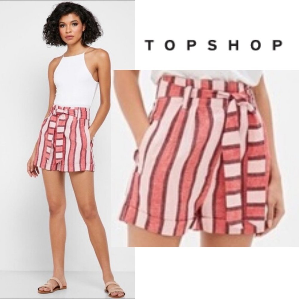 TopShop Striped Paperbag Linen High Waisted Shorts